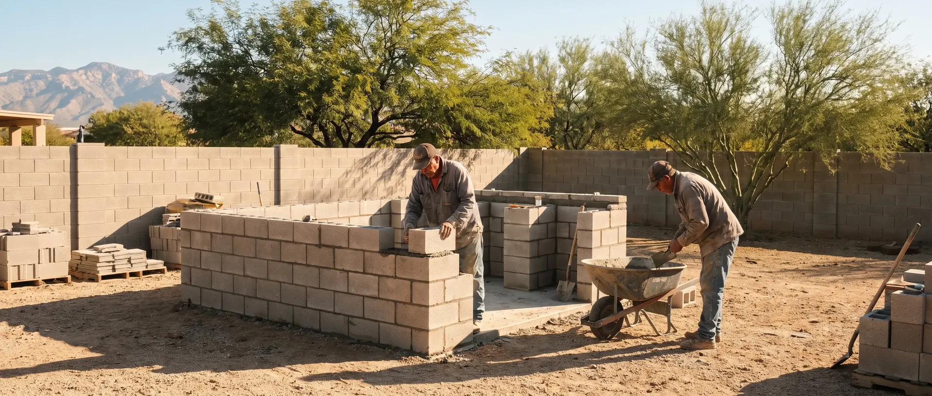 Crew building a block outdoor kitchen island in a Tucson back yard