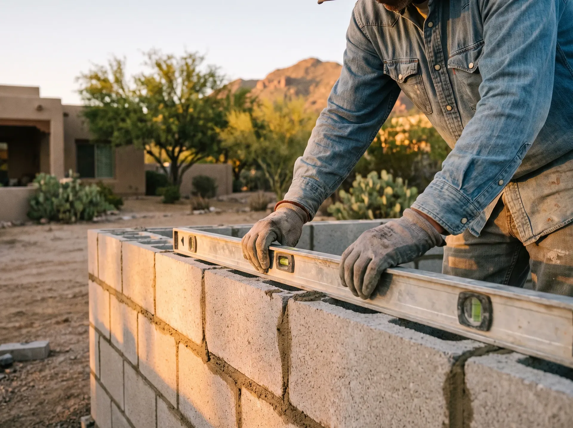 Builder checking a level across a newly laid outdoor kitchen block course