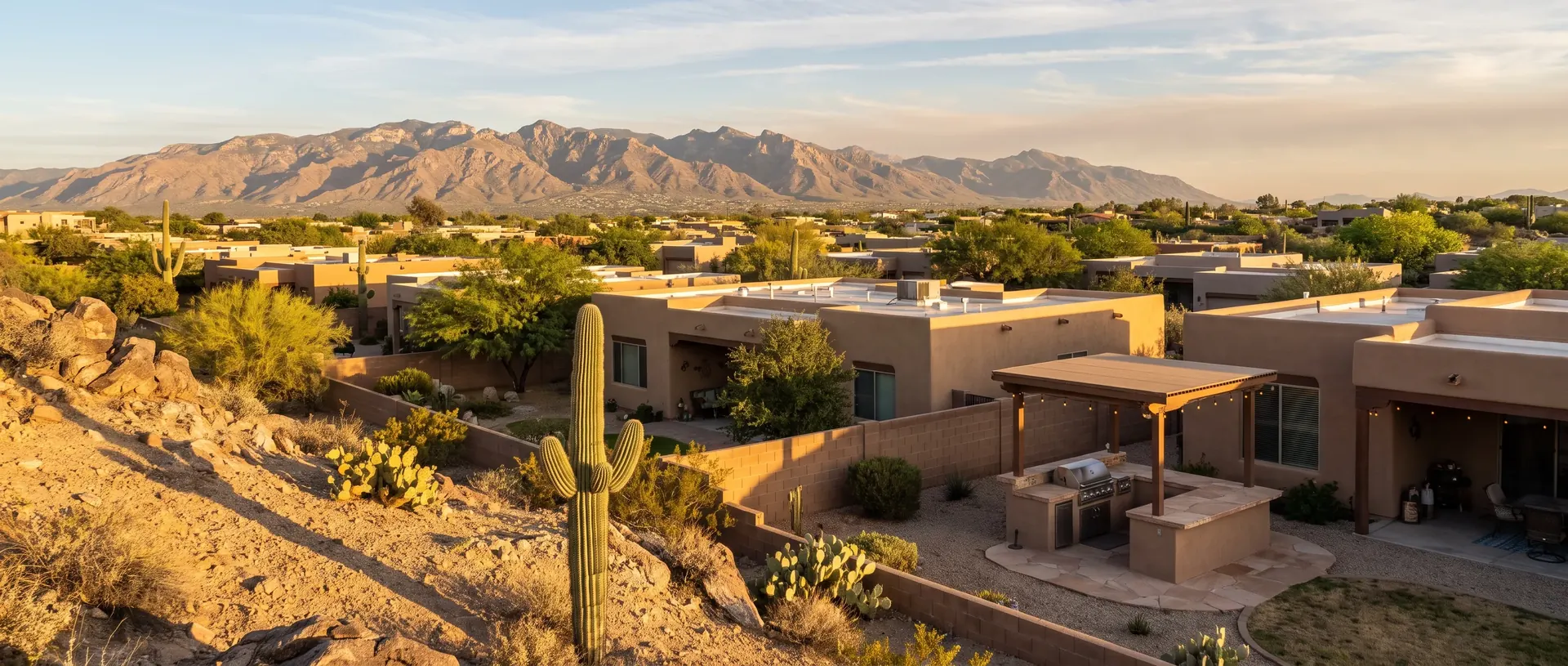 Sonoran Desert homes and mountain backdrop across the Tucson metro