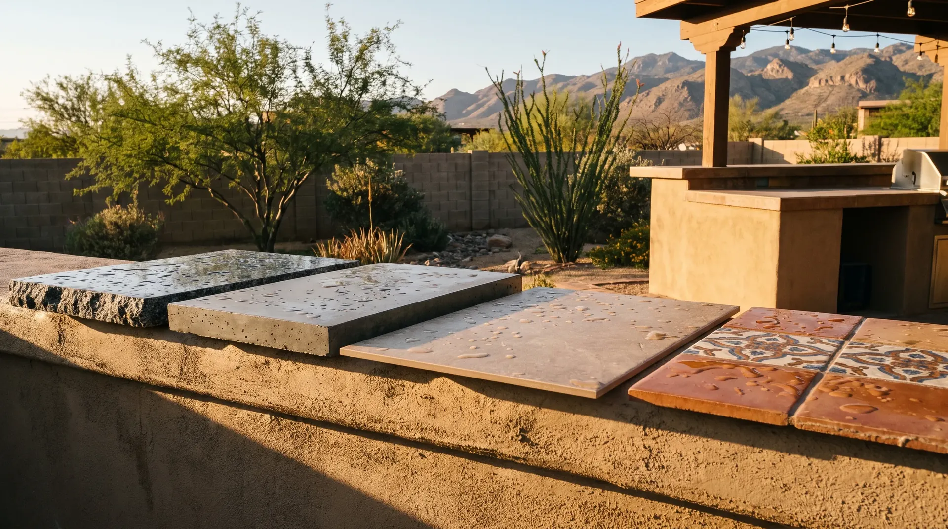 Granite, concrete, porcelain and tile countertop samples compared outdoors