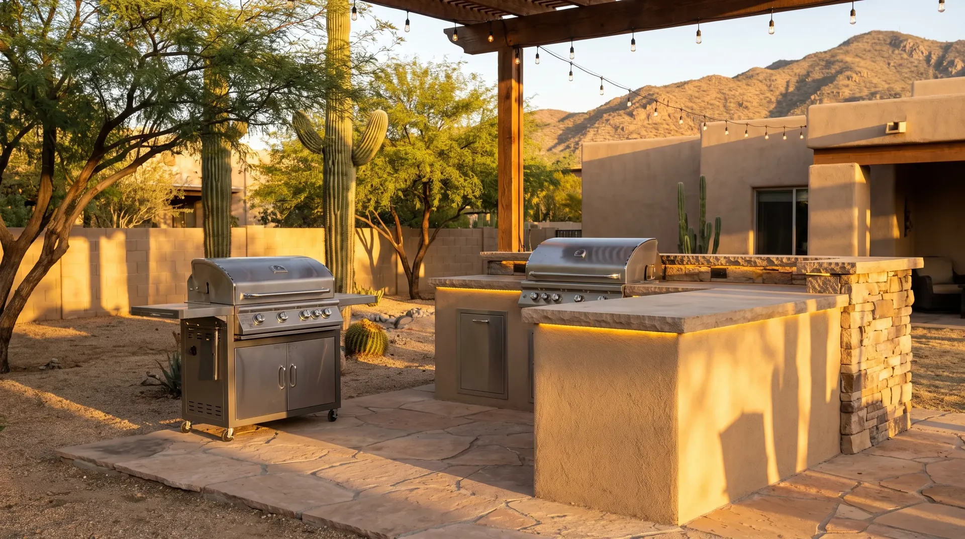 Prefab modular island beside a block built outdoor kitchen for comparison