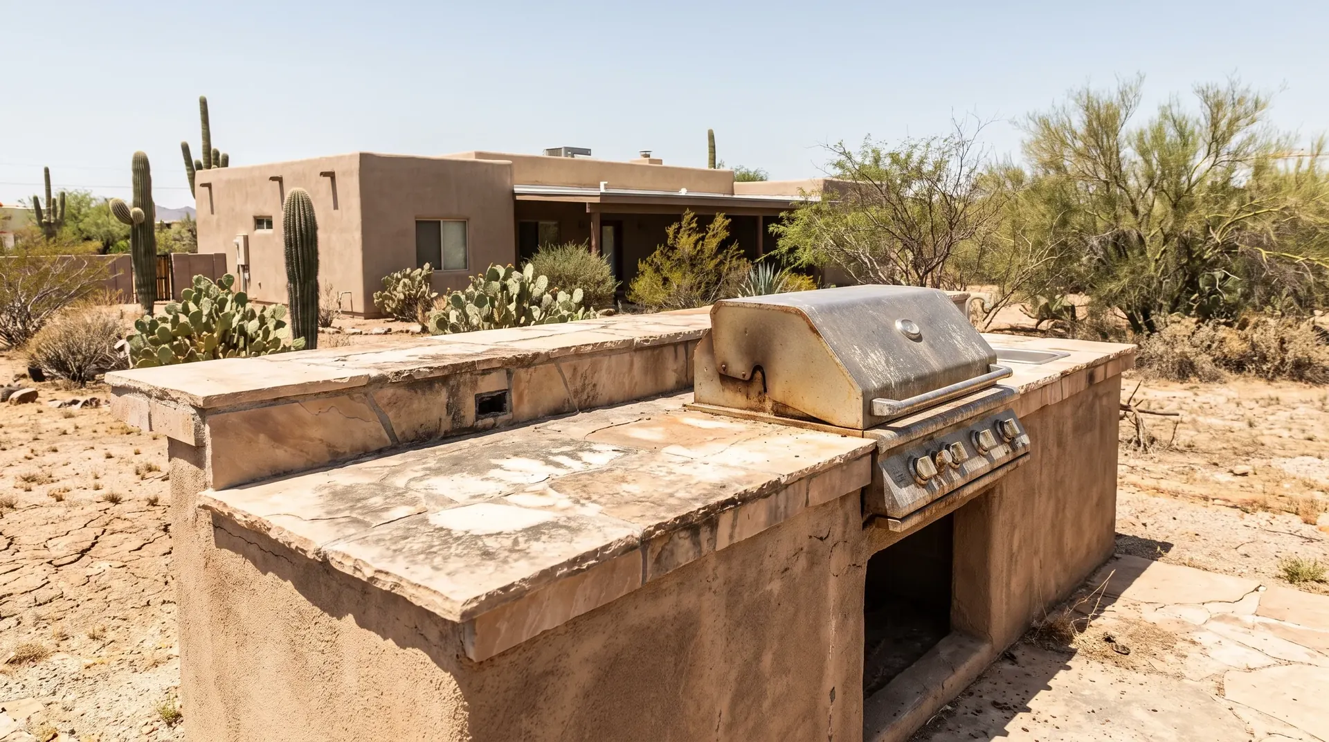 Sun bleached outdoor kitchen with a failed counter and no shade