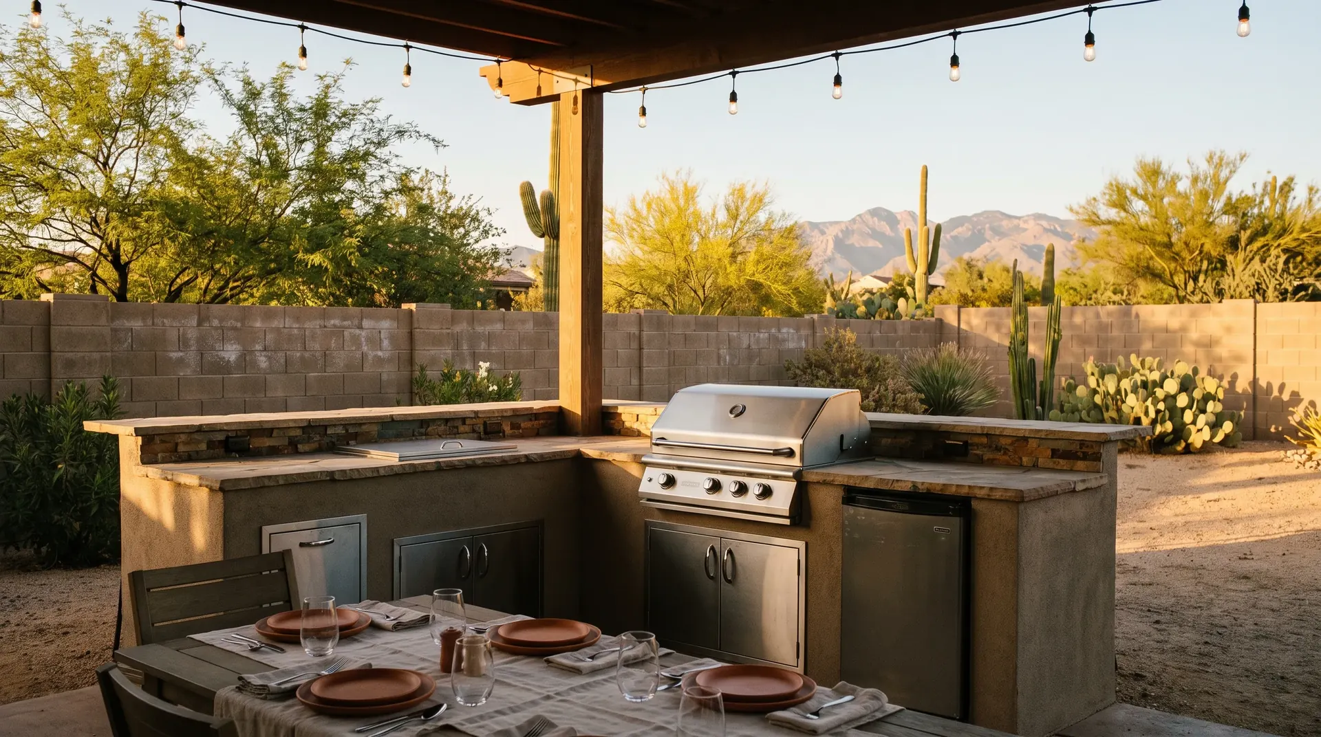 Finished outdoor kitchen and patio presented as a home selling feature