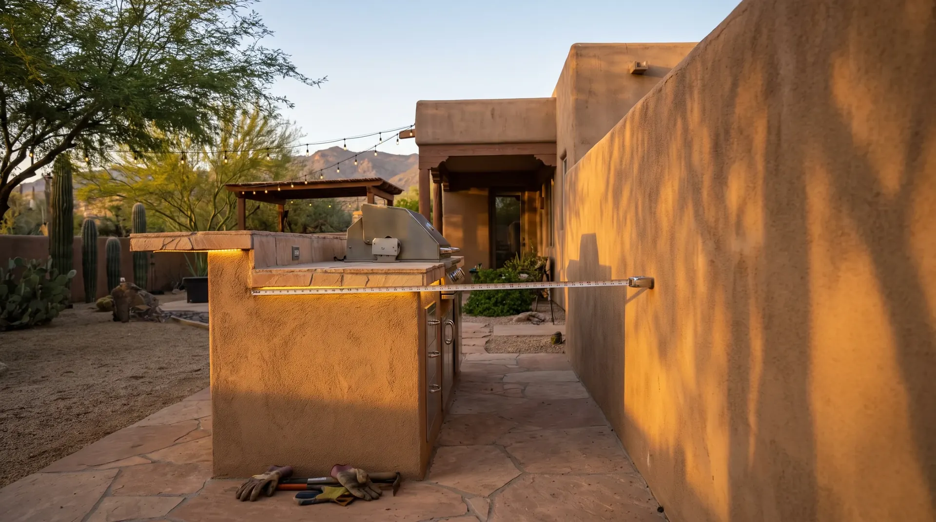Outdoor kitchen island set away from a house wall showing clearance