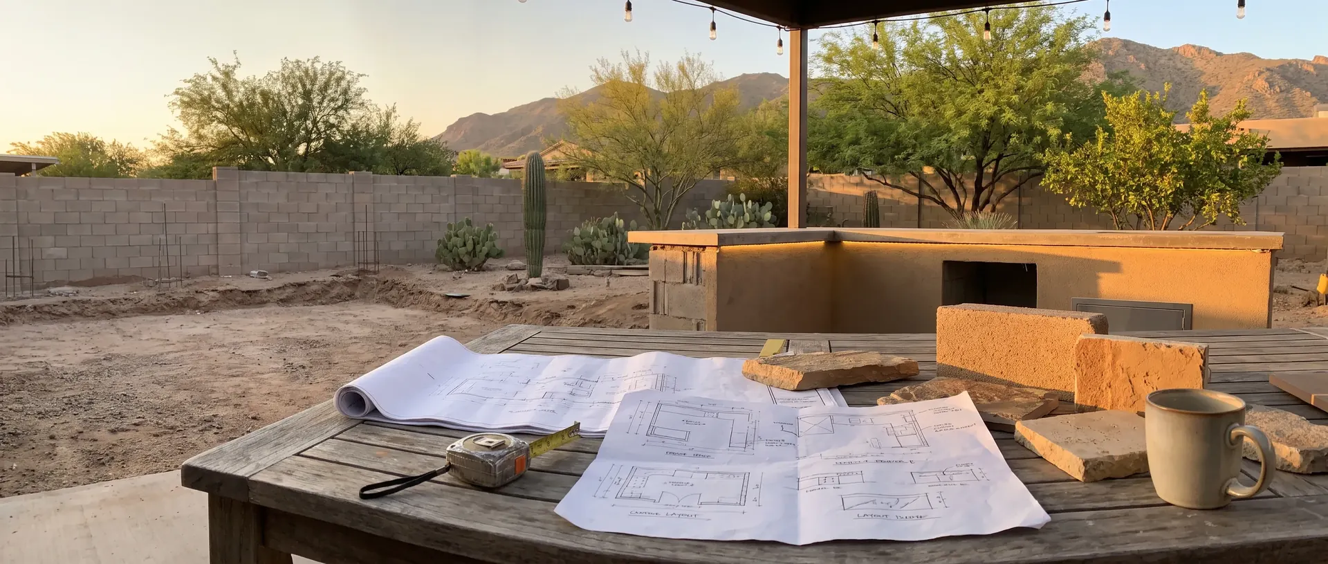 Outdoor kitchen plans and notes on a table in a Tucson back yard