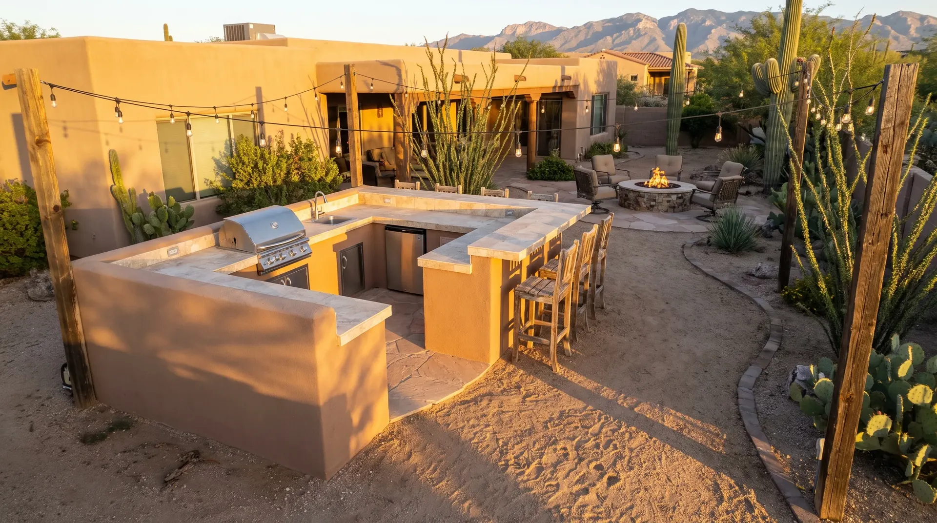 Several outdoor kitchen layouts in Tucson back yards seen from above