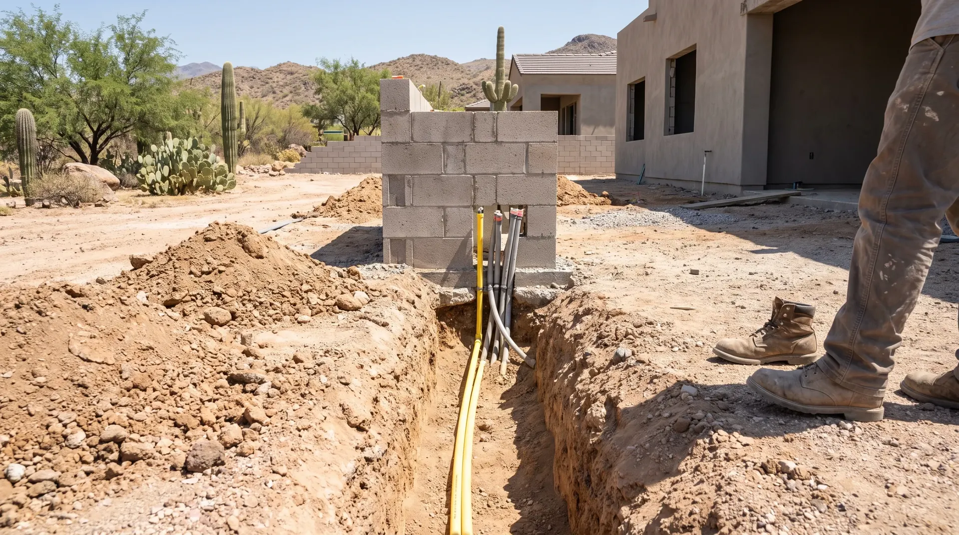 Gas line and electrical rough in at an outdoor kitchen before inspection