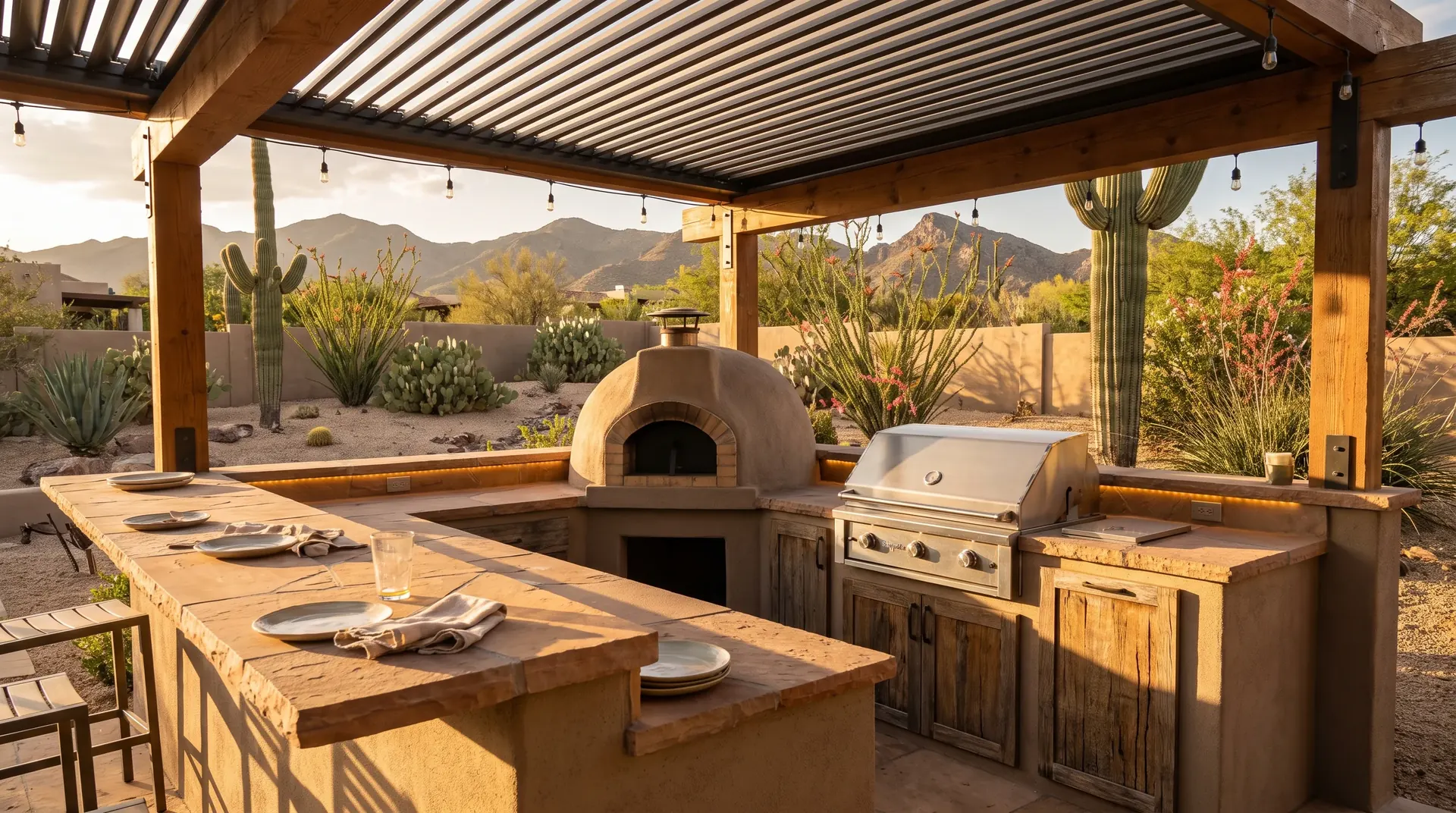 Modern shaded outdoor kitchen with a pizza oven and a large bar