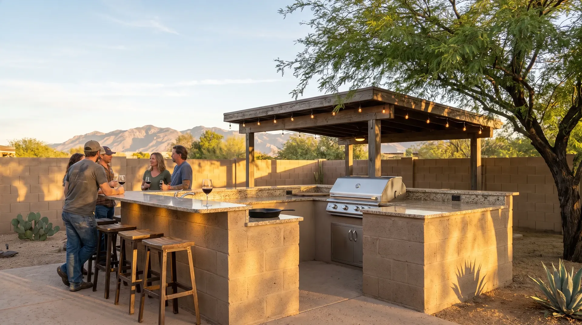 Custom outdoor kitchen with a stucco BBQ island and covered ramada in a Tucson back yard at sunset