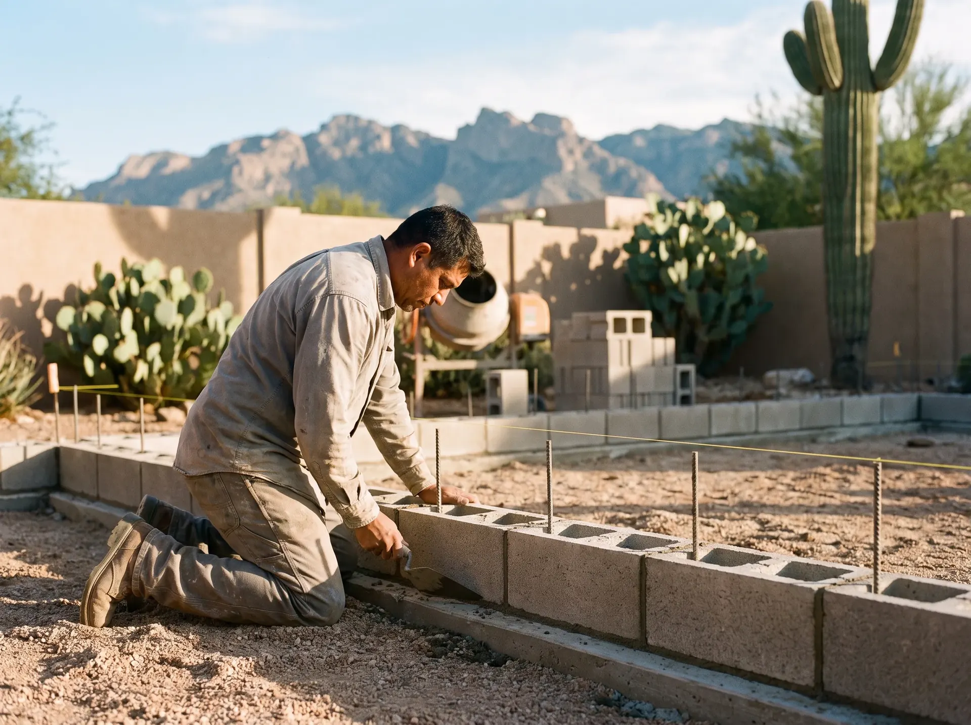 Mason laying block for the base of an outdoor kitchen island in Tucson