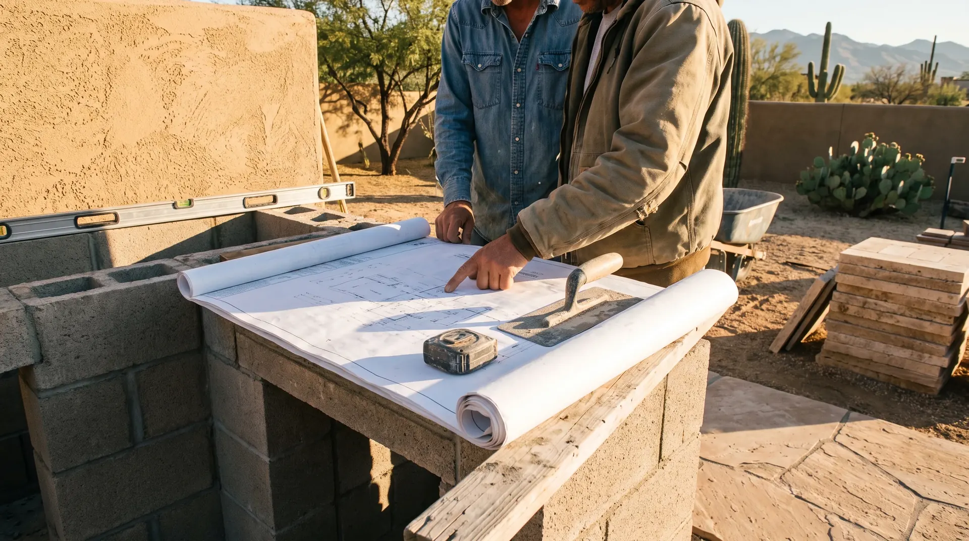Builder and homeowner reviewing an outdoor kitchen layout plan on site in Tucson
