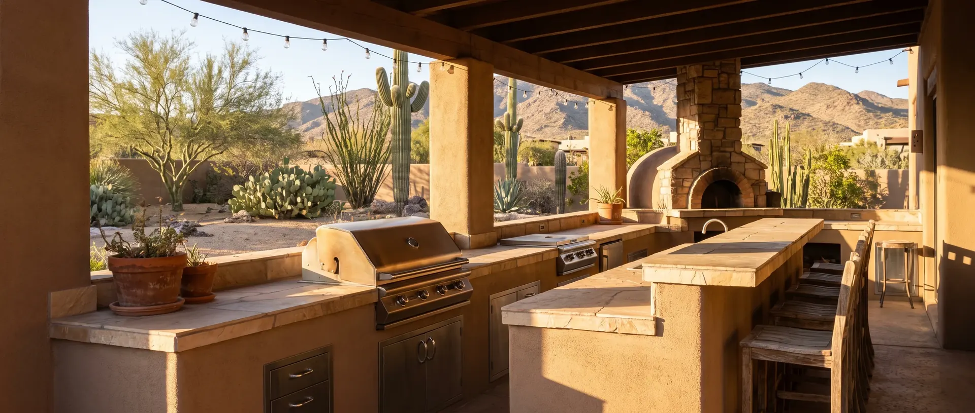Range of outdoor kitchen features including a grill island, pizza oven and bar in a Tucson yard