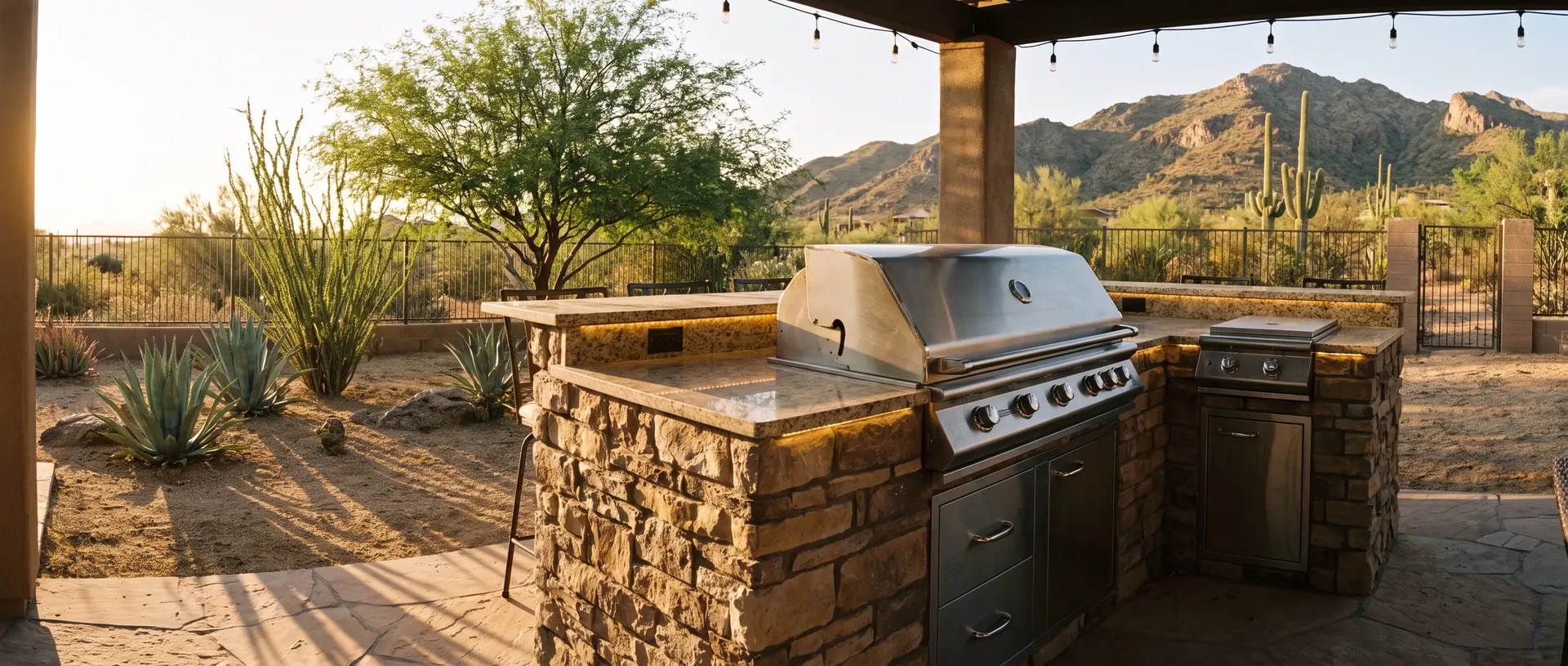 Built in BBQ island in stucco and stone veneer in a Tucson back yard