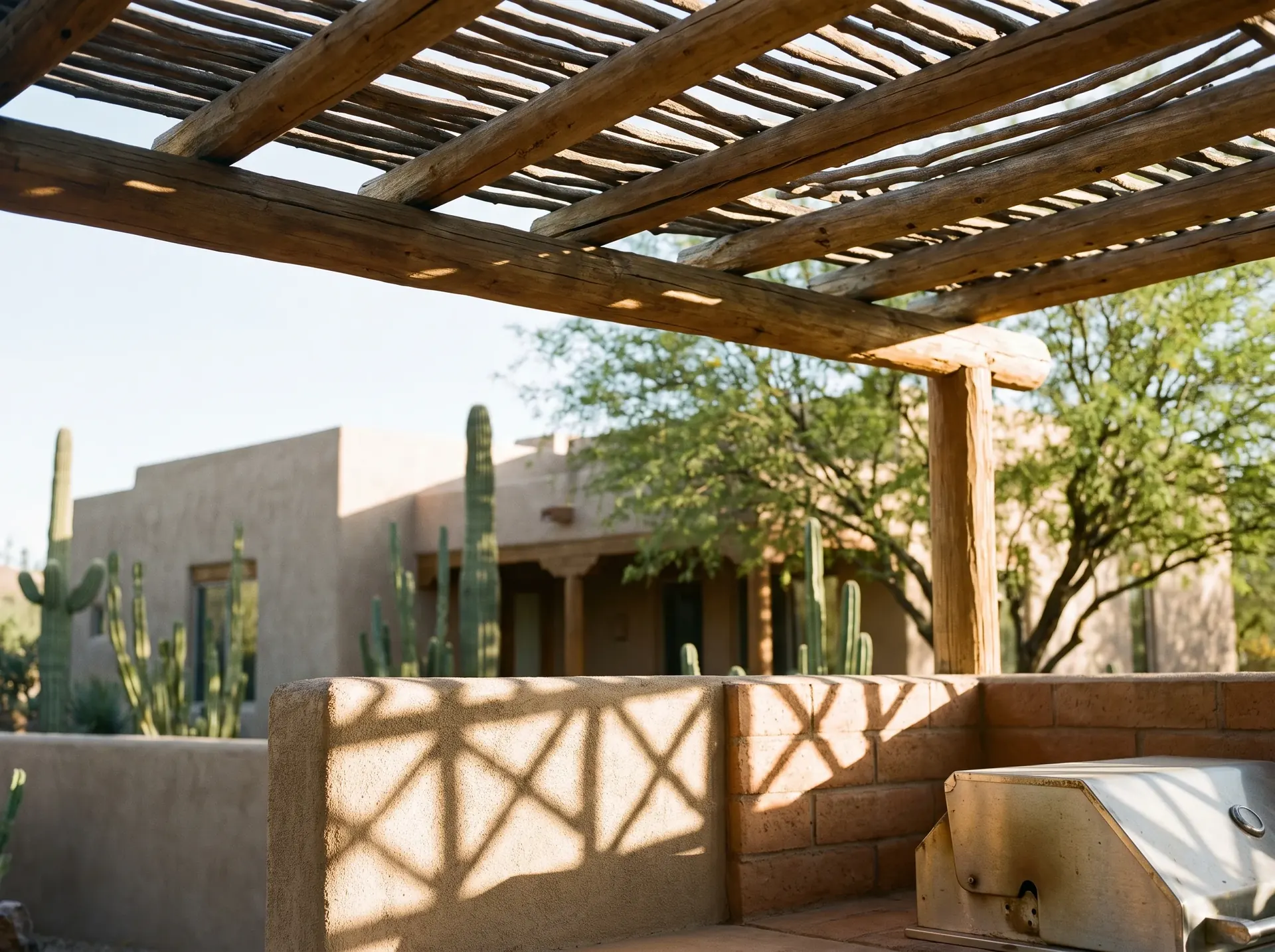 Timber ramada beams and latilla ceiling above an outdoor kitchen