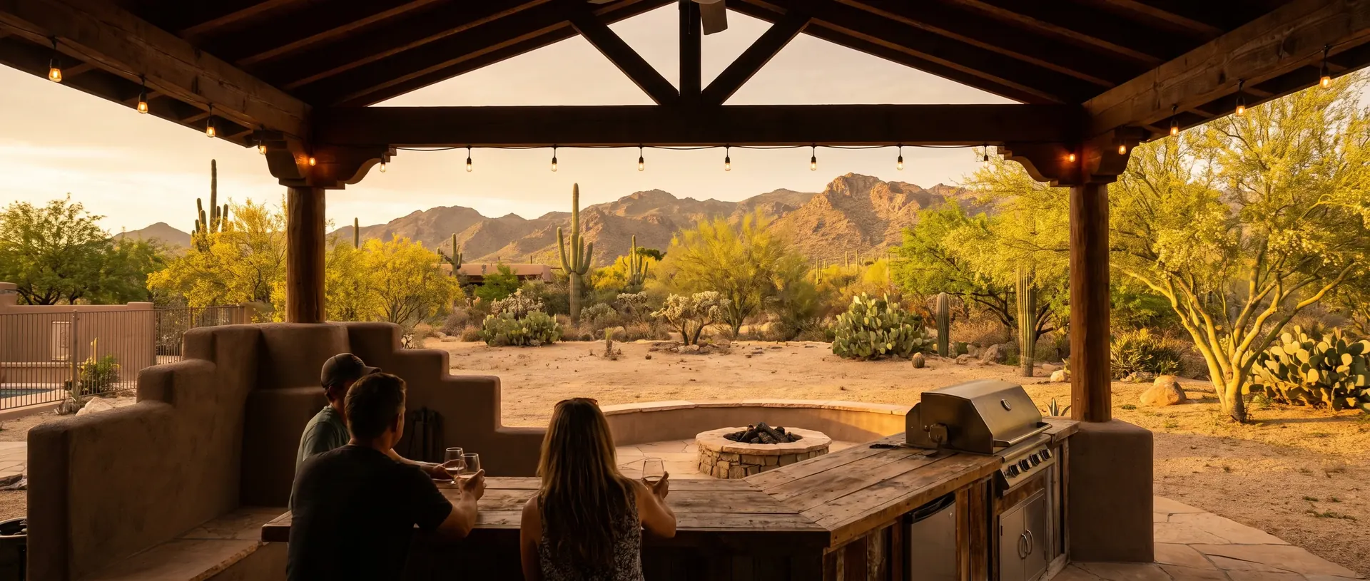 Covered outdoor kitchen under a timber ramada in Tucson
