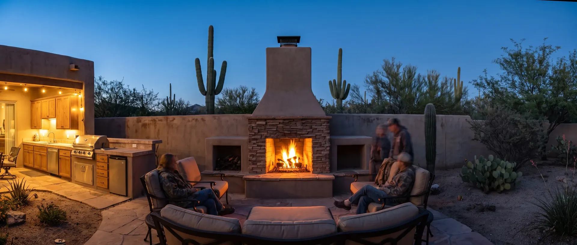 Outdoor fireplace and seating area beside an outdoor kitchen in Tucson