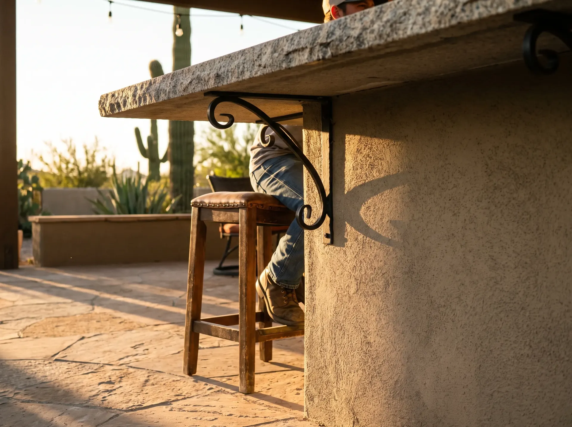 Knee space and seating overhang detail on an outdoor bar counter