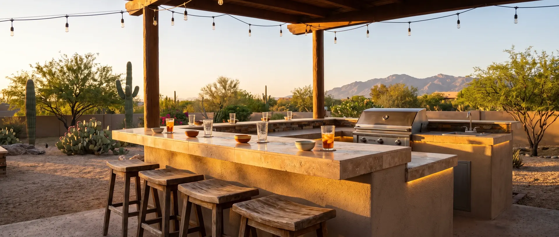 Outdoor bar counter with stools beside a Tucson outdoor kitchen