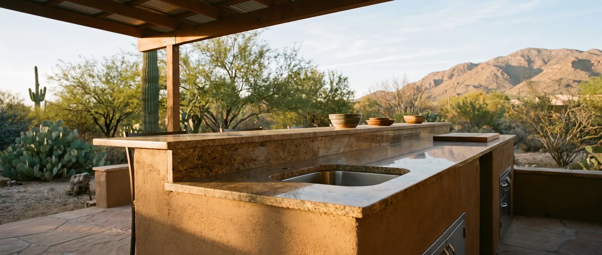 Granite and concrete outdoor kitchen countertops in a Tucson back yard