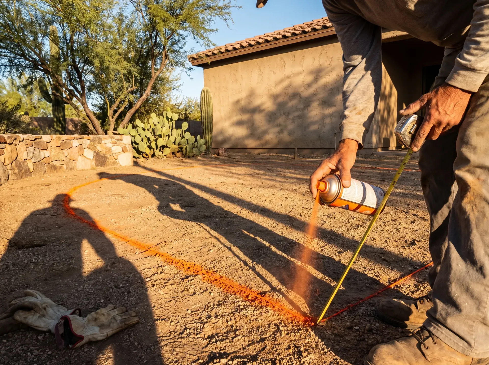 Hands marking an outdoor kitchen layout on the ground with spray paint