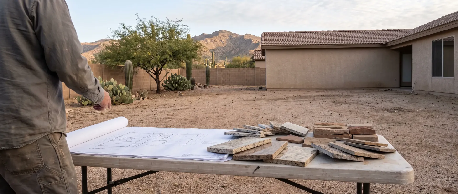 Outdoor kitchen design drawings and material samples on site in Tucson