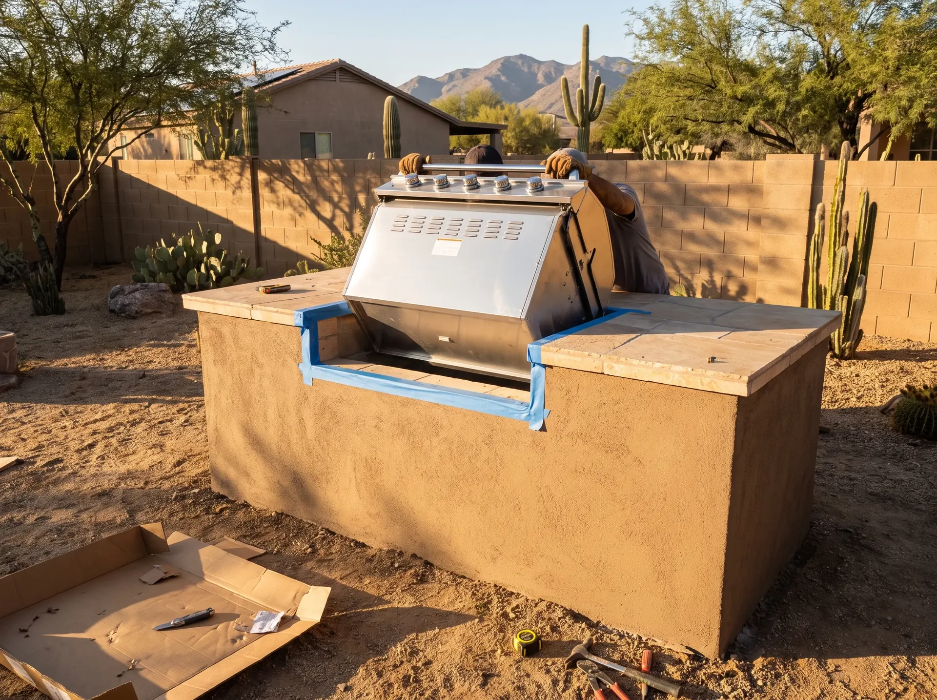 Stainless grill being set into a block and stucco outdoor kitchen island