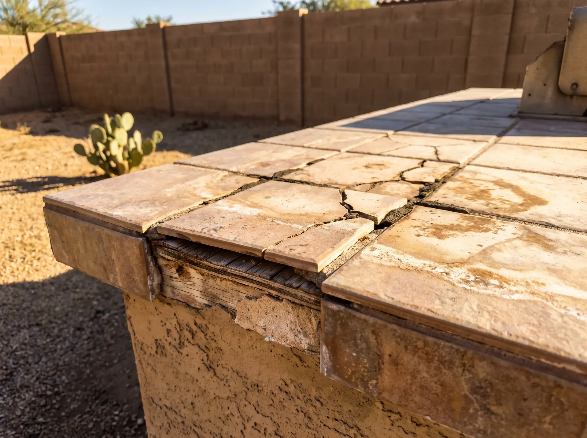 Cracked and failed tile counter on an old outdoor kitchen before rebuild