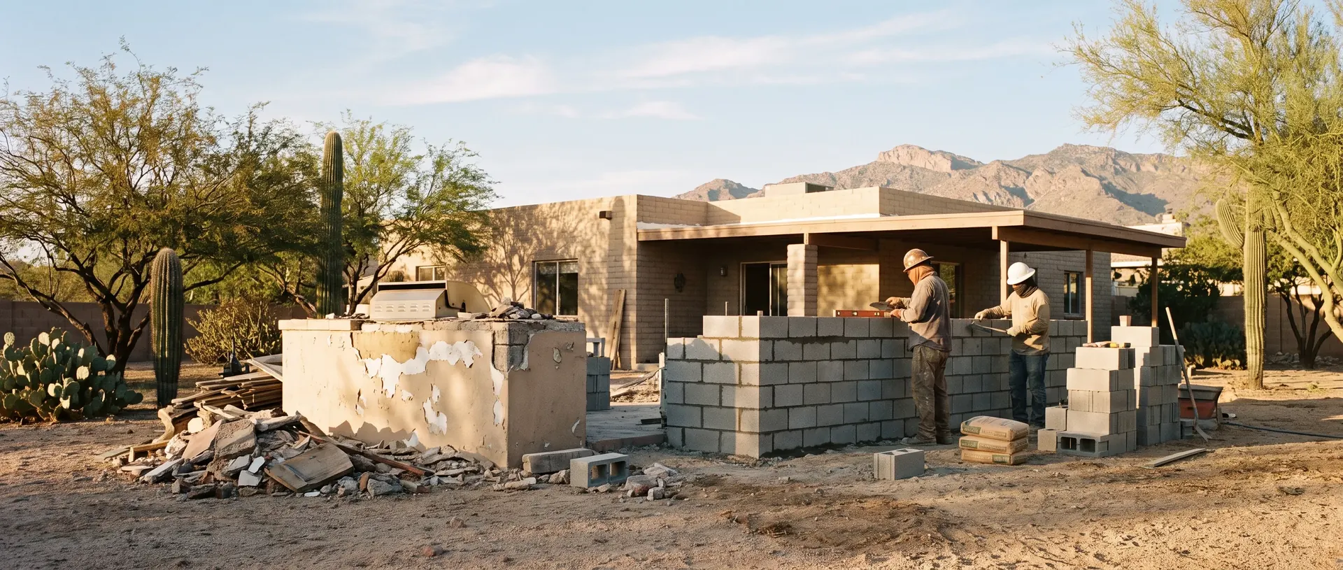Outdoor kitchen remodel in progress on an older Tucson BBQ island
