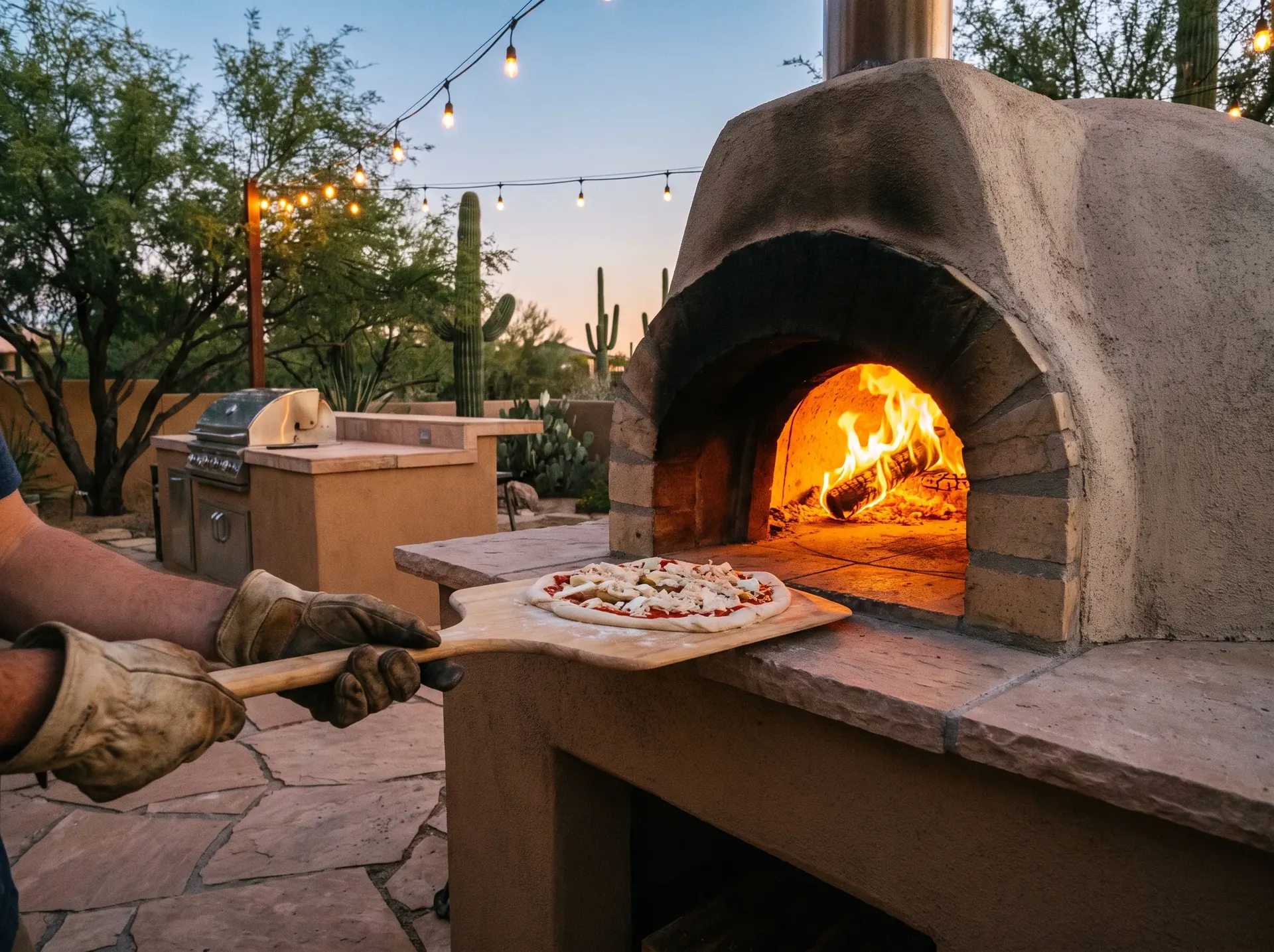Pizza being slid into a wood fired oven with a peel