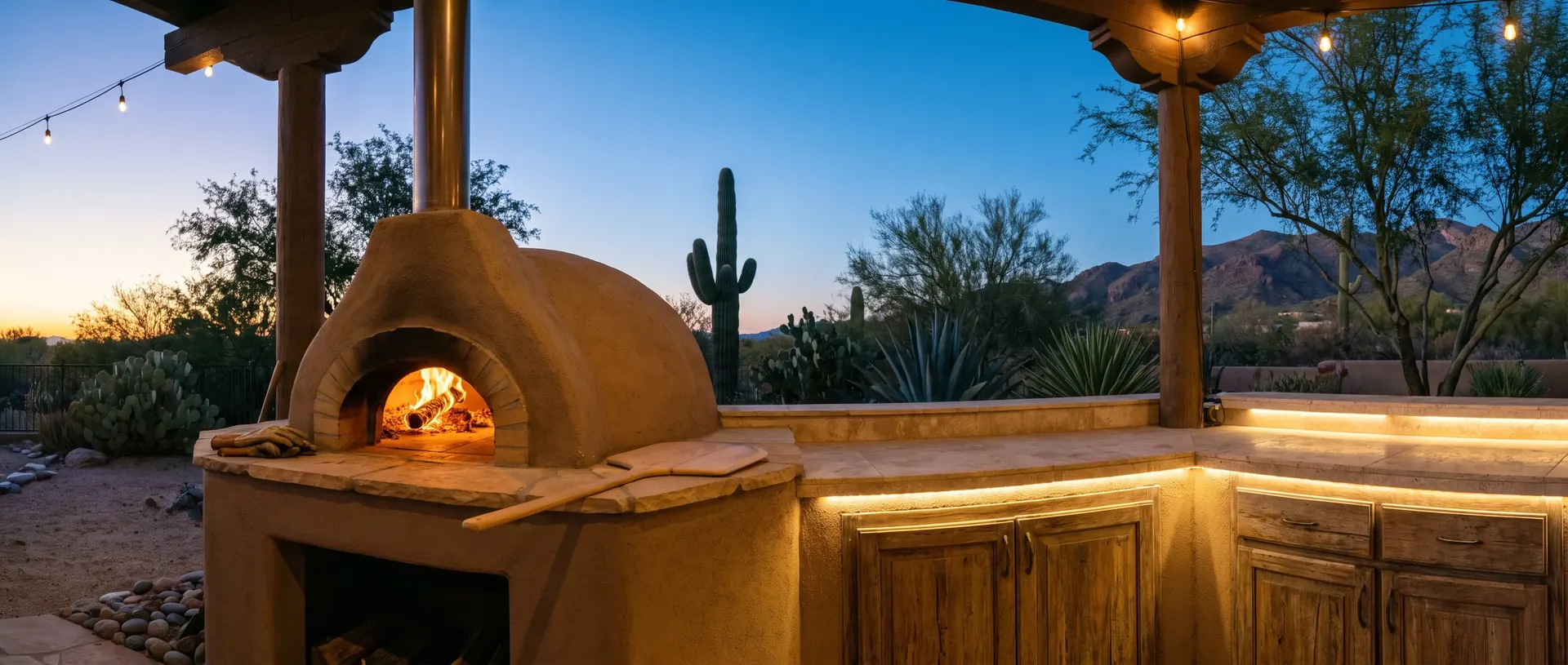 Built in wood fired pizza oven in a Tucson outdoor kitchen
