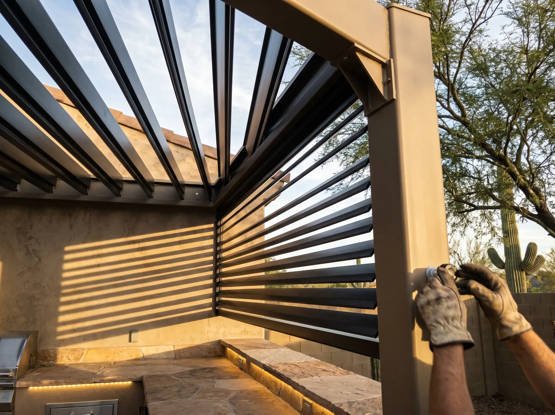 Louvered pergola blades and post connection detail above a kitchen counter