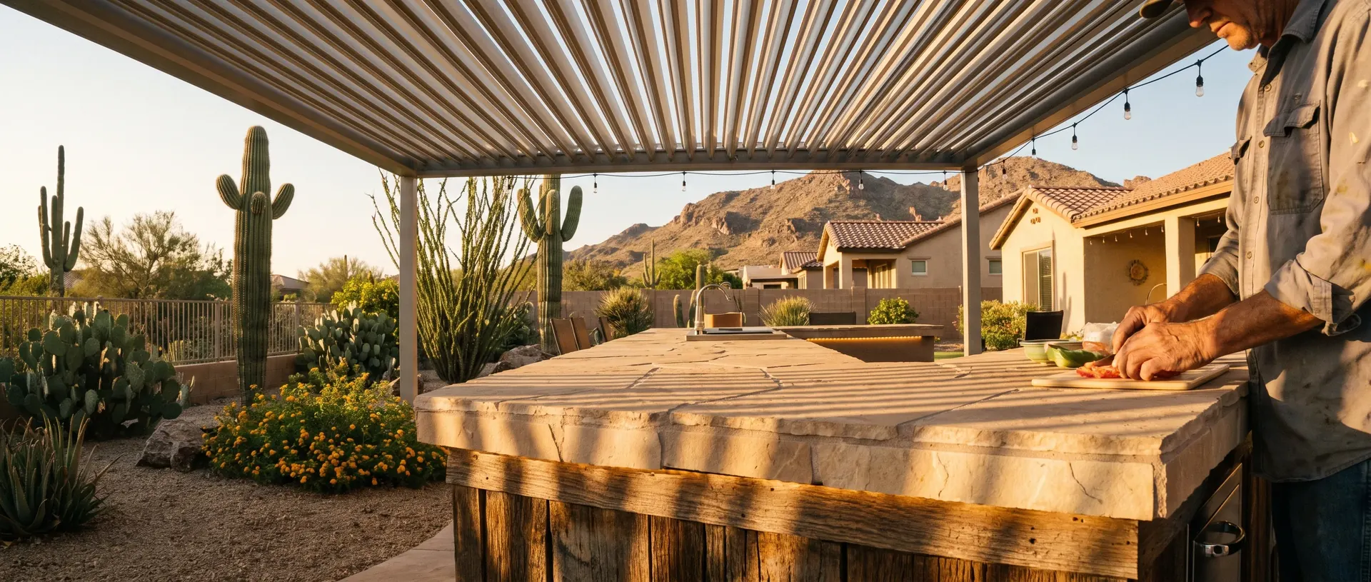 Louvered pergola shading an outdoor kitchen in a Tucson back yard