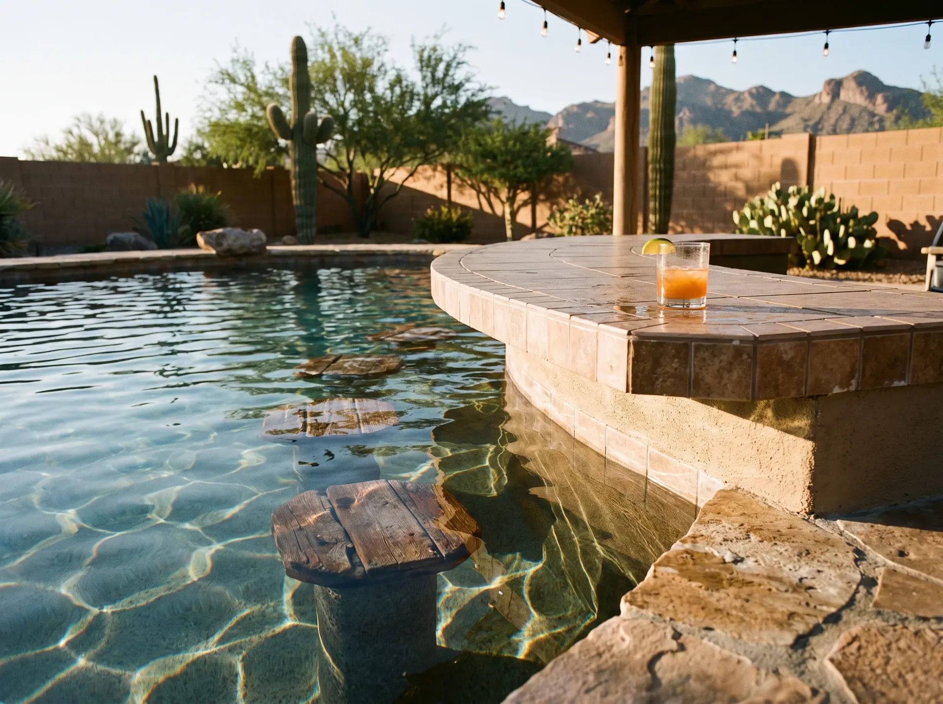 Swim up bar counter and stools at the edge of a pool