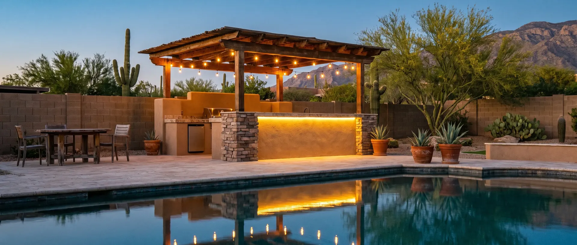 Outdoor kitchen and bar beside a pool in a Tucson back yard