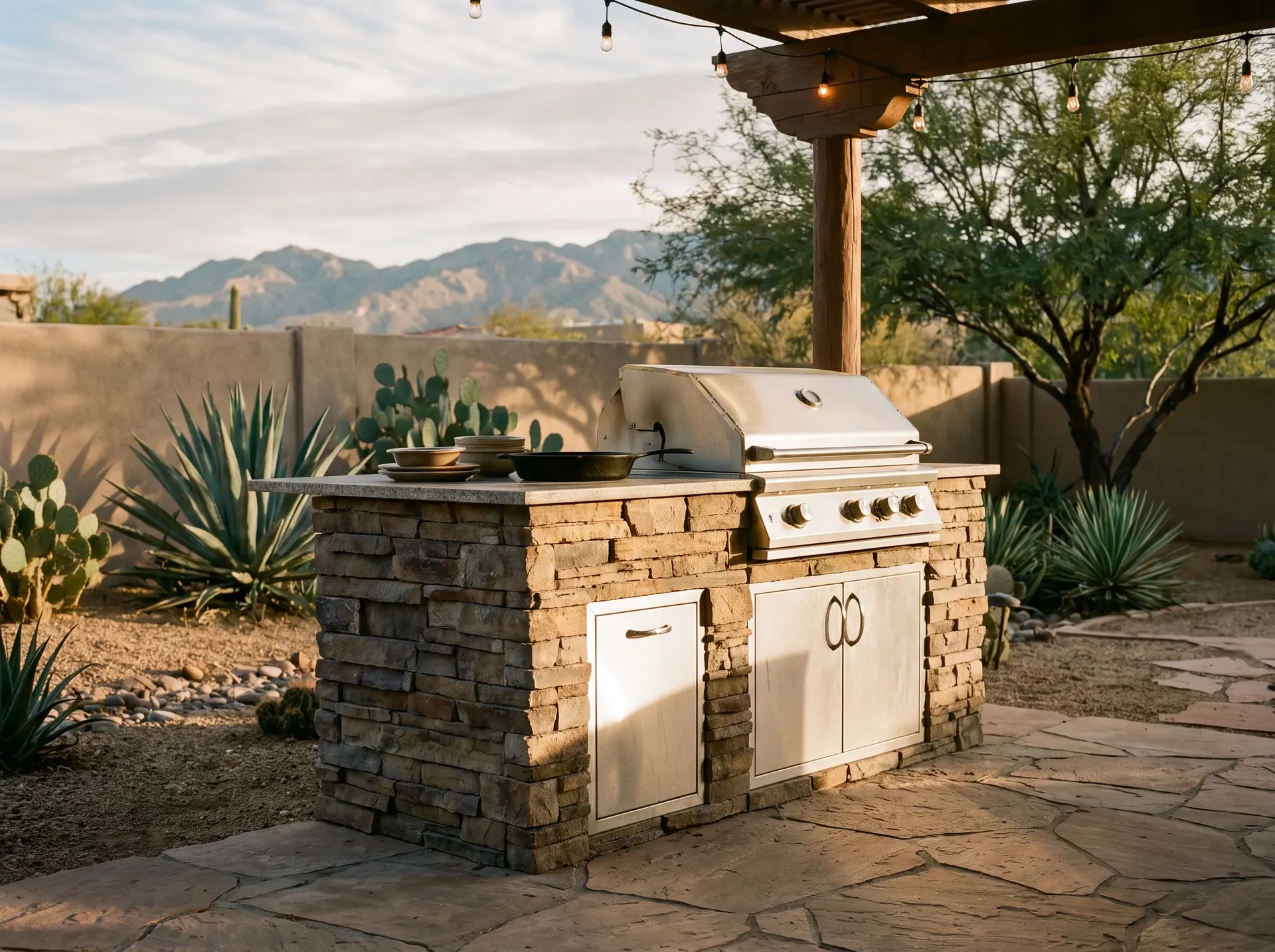 Block built BBQ island finished in stone veneer with a stainless grill
