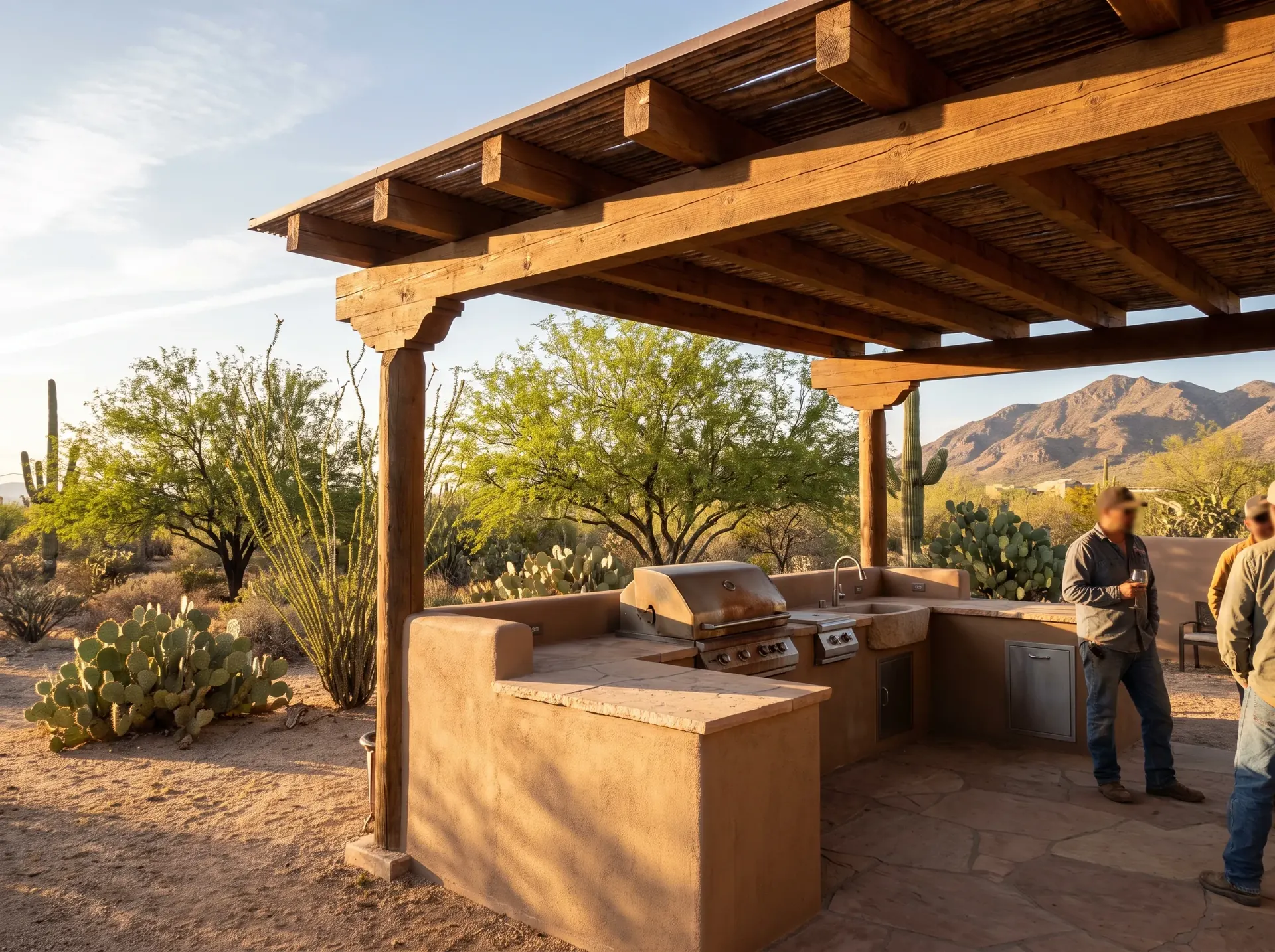 Outdoor kitchen sheltered under a timber ramada in Tucson