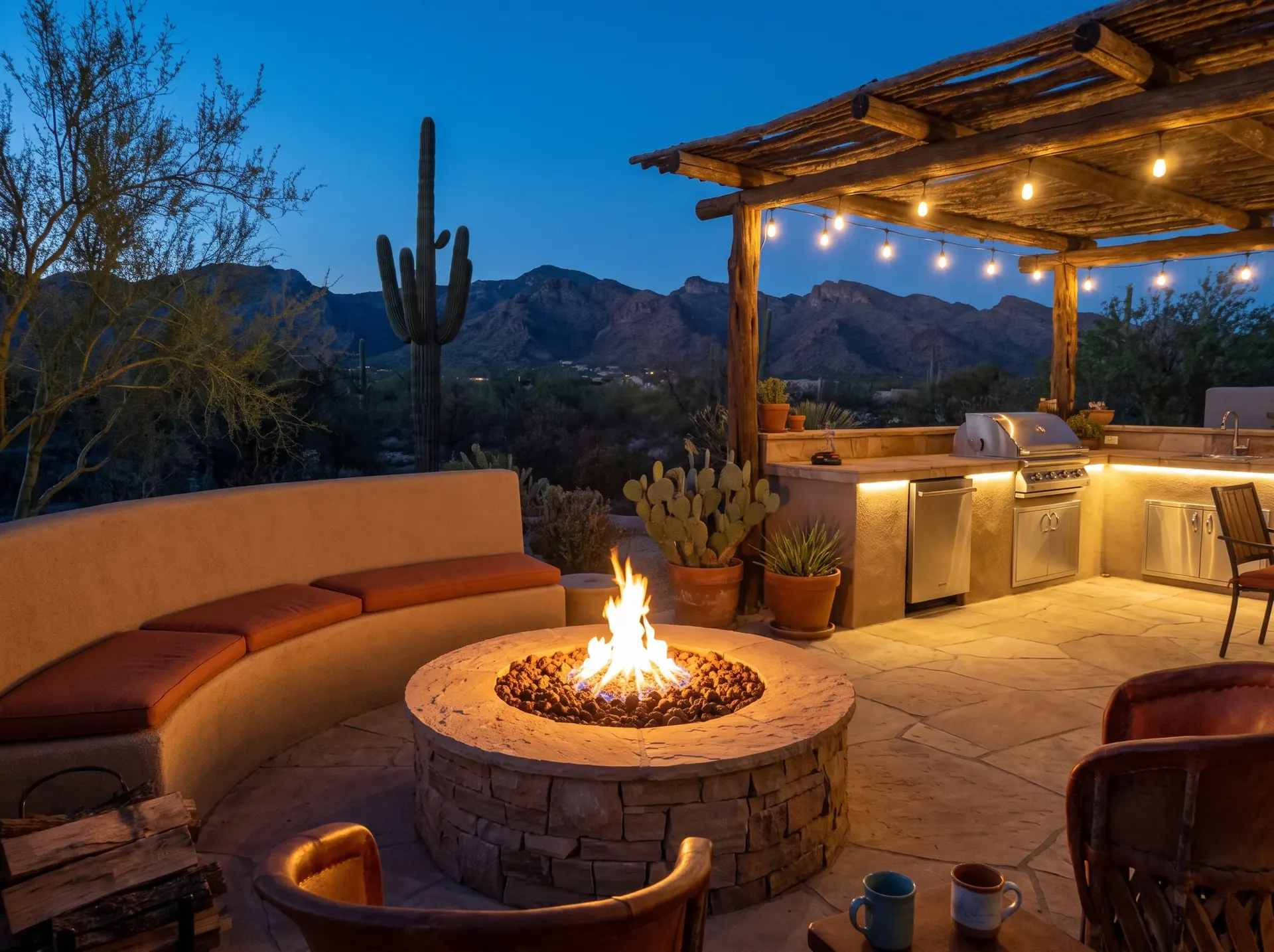 Gas fire pit built in stone veneer beside a Tucson outdoor kitchen
