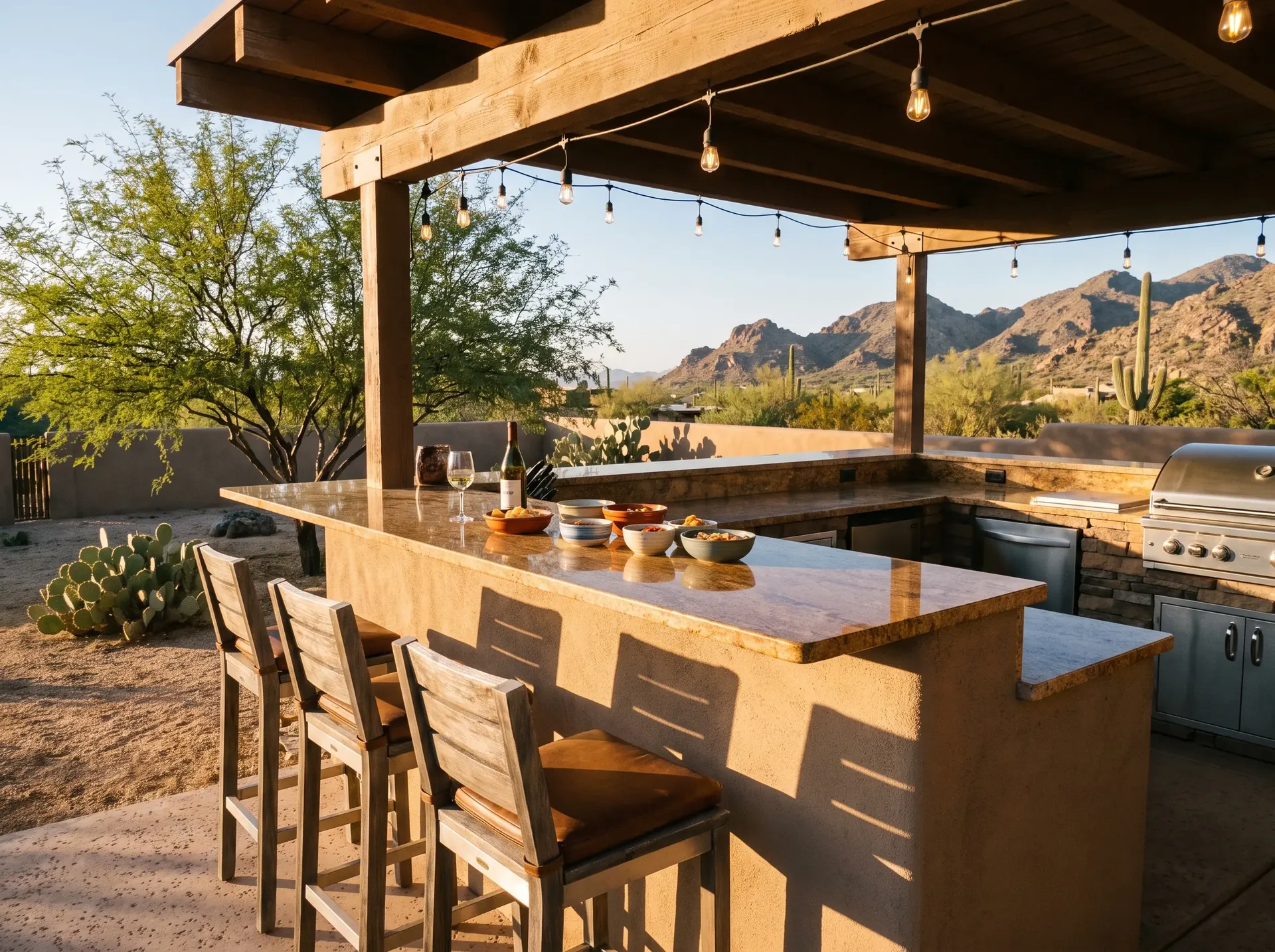 Raised outdoor bar counter with stools beside an outdoor kitchen