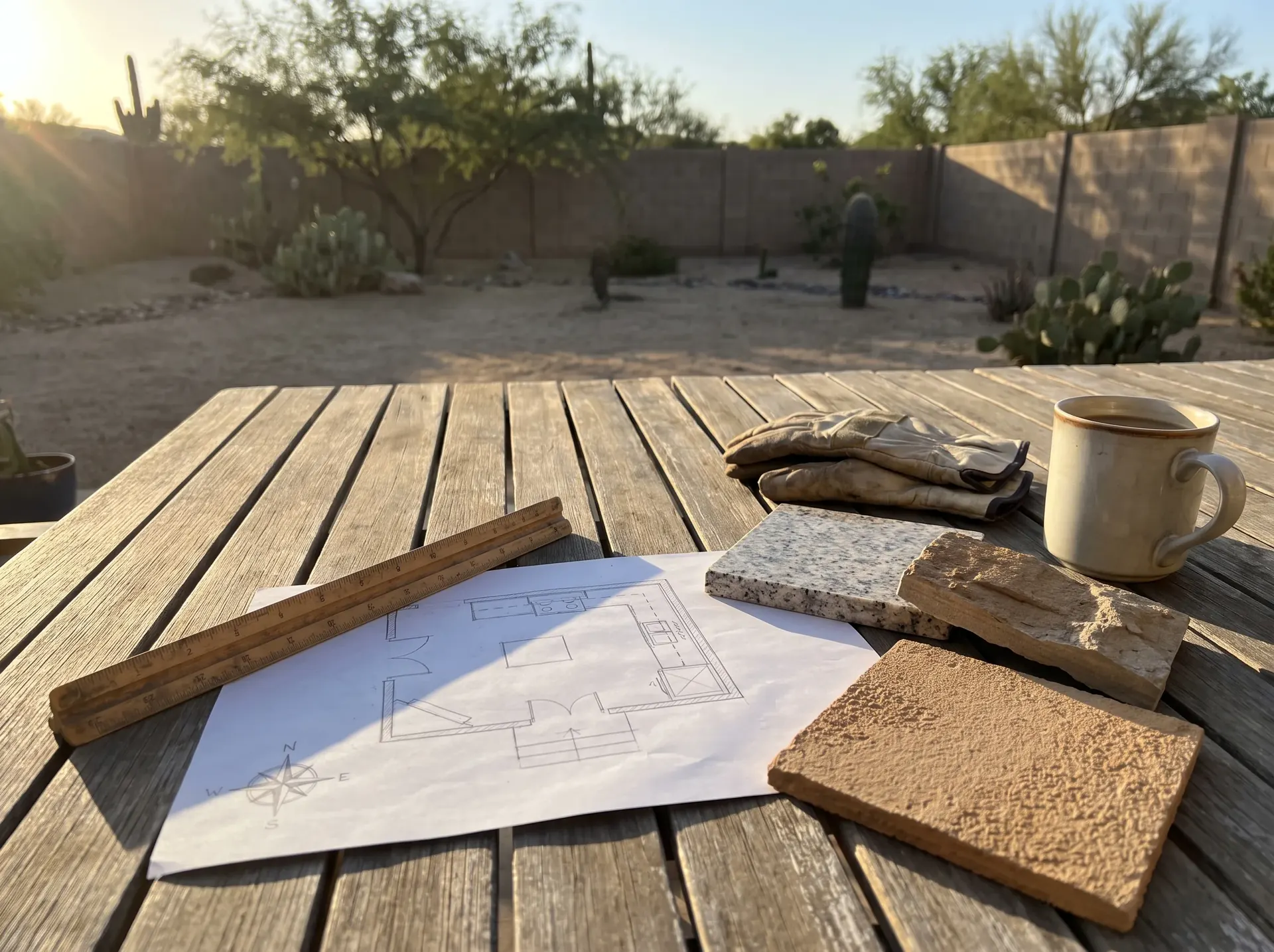 Outdoor kitchen design plan and material samples laid out on a work table