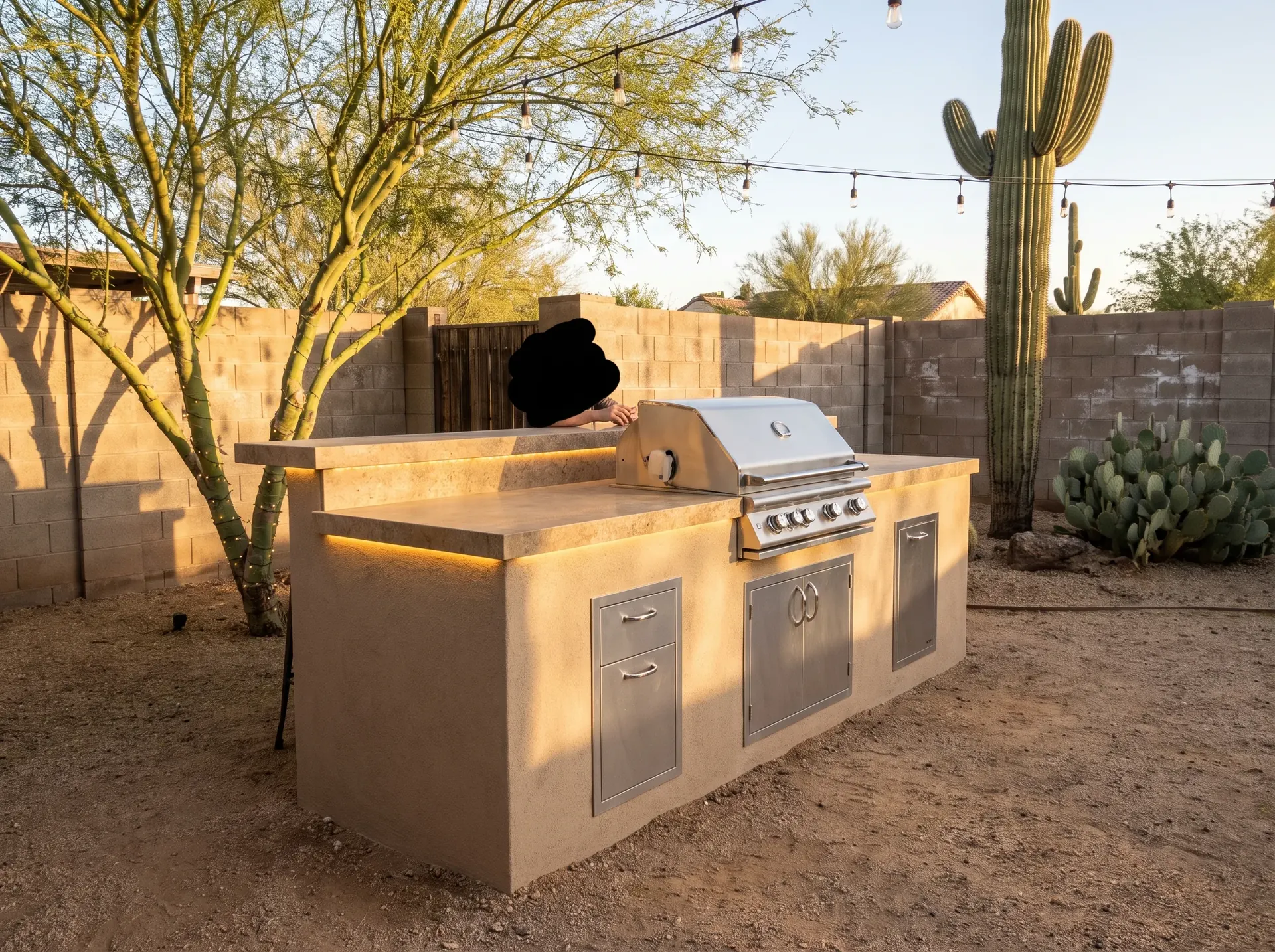 Newly finished outdoor kitchen island with a built in grill in Tucson