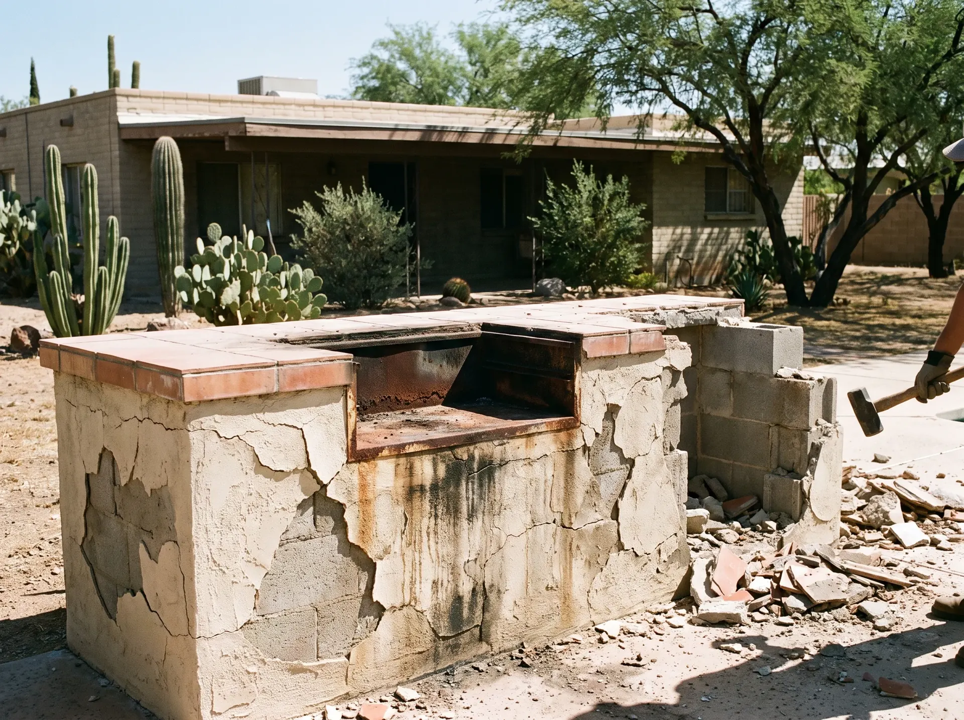 Old cracked stucco BBQ island being removed during an outdoor kitchen remodel