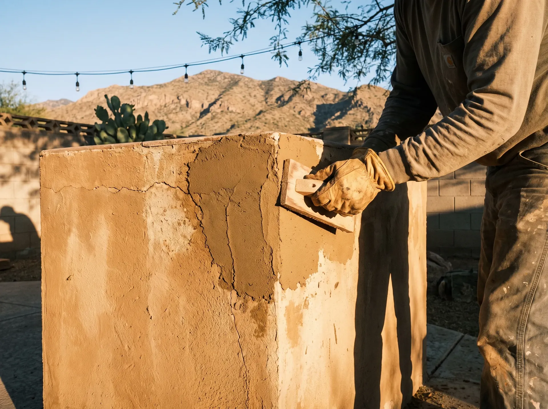 Worker patching cracked stucco on an existing outdoor kitchen island
