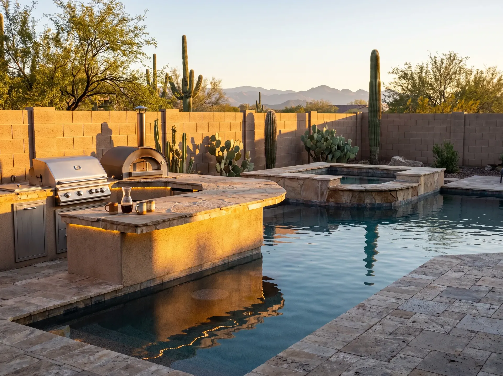Outdoor kitchen and bar beside a swimming pool in a Tucson back yard