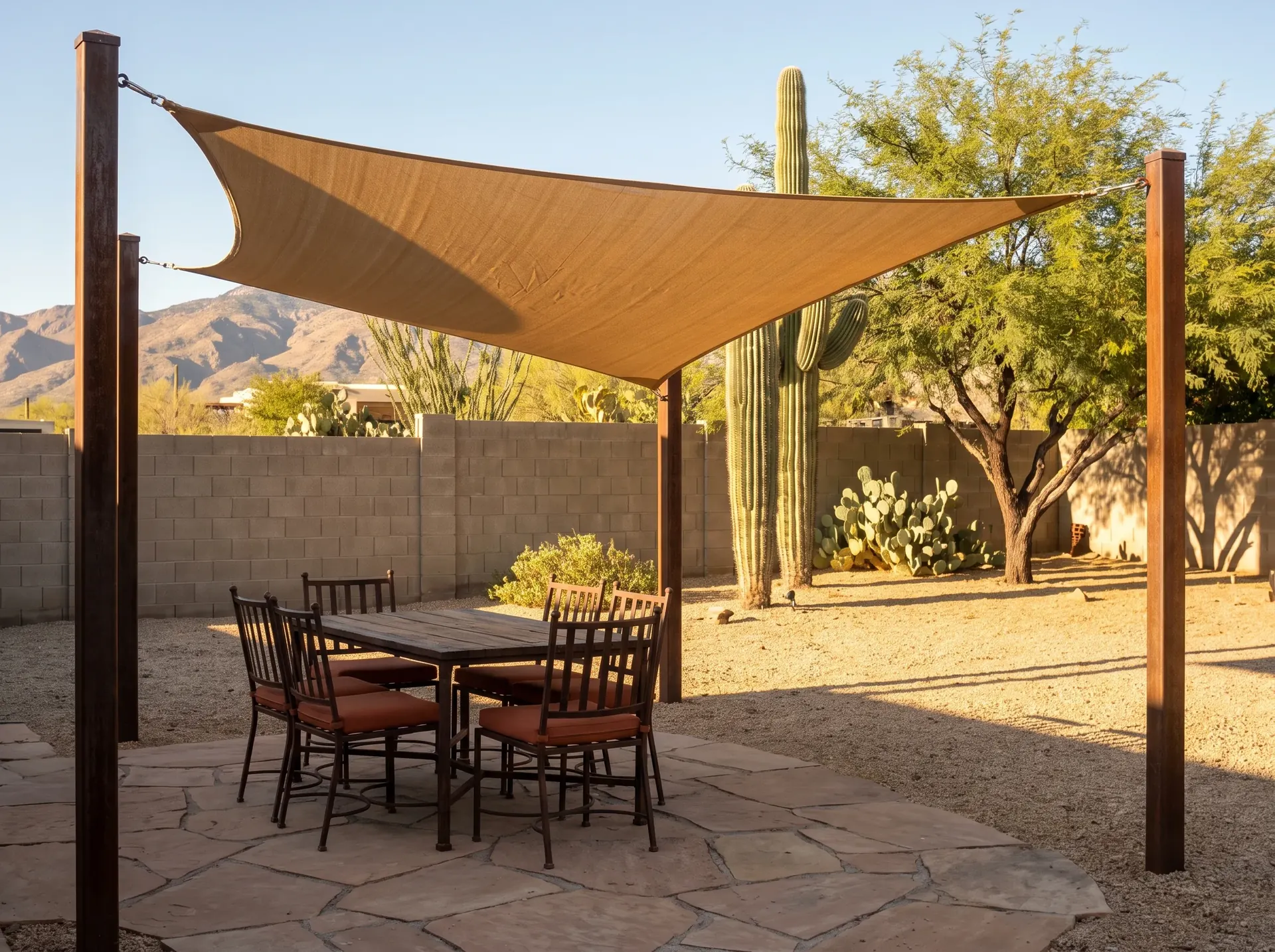 Shade sail structure over a patio seating area in Tucson