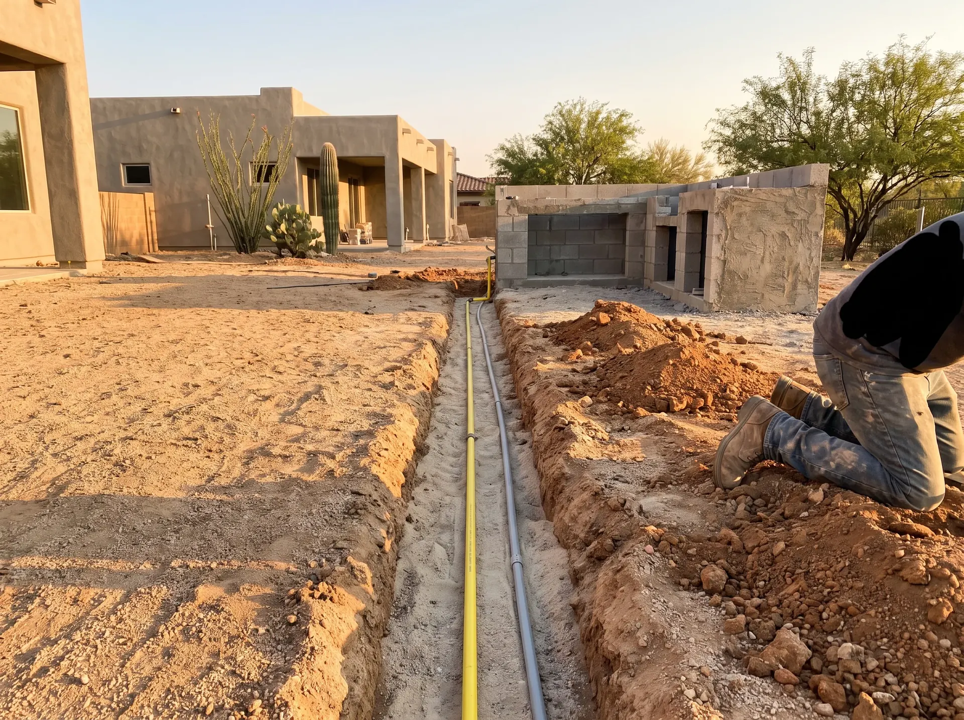 Gas and electrical lines trenched to an outdoor kitchen island